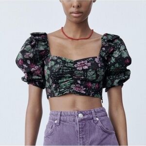 NWT Zara Black Floral Square Neck Puff Sleeve Smocked Crop Top Size L